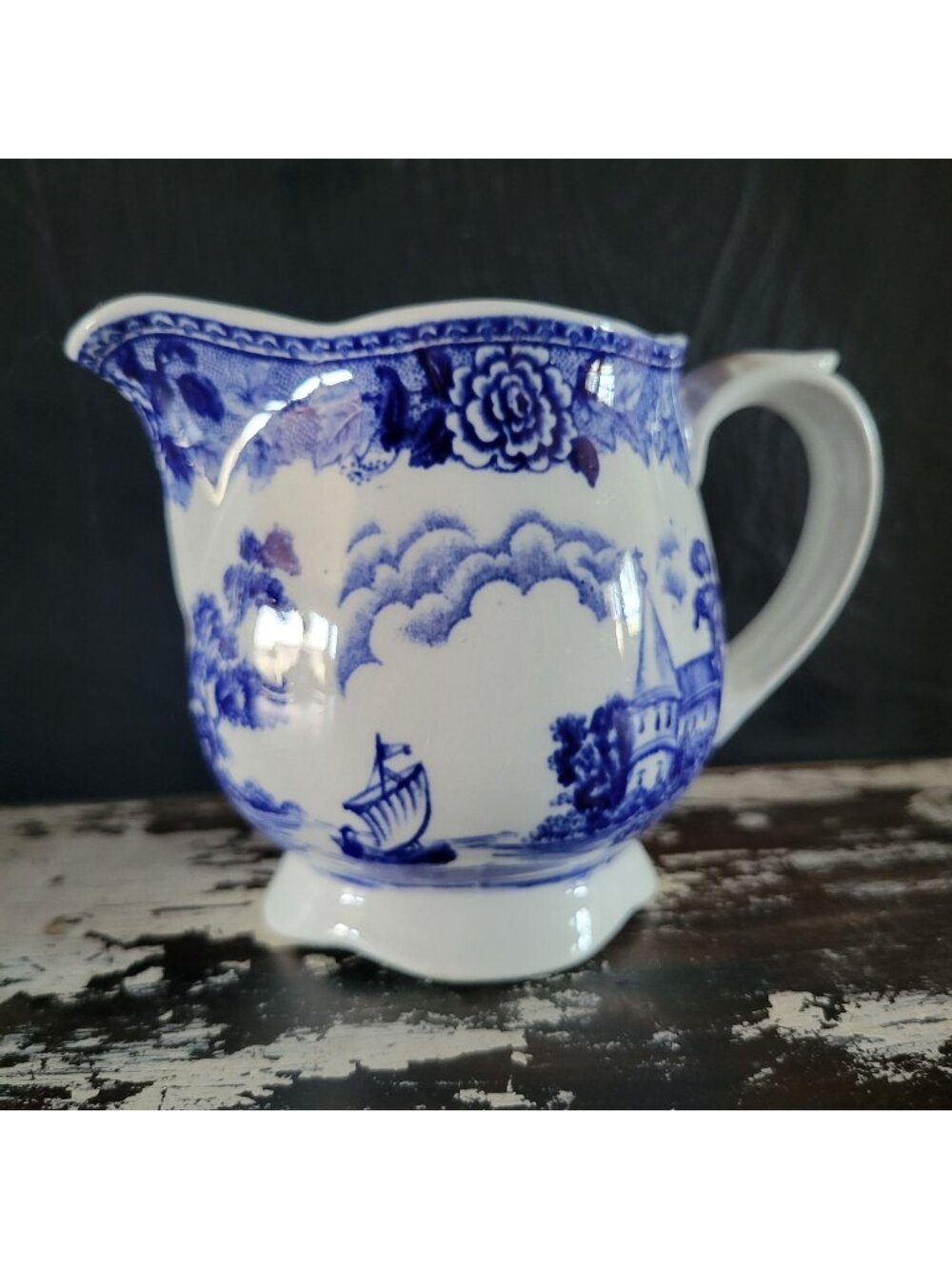 Vtg Arabia Finland Blue and White Landscape Creamer Jug Floral and Scenic *Read